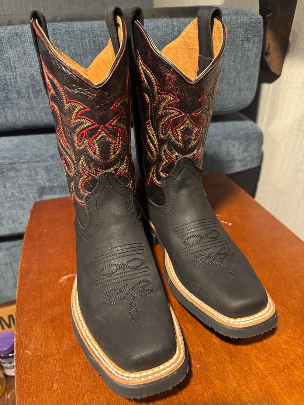 Chippewa Black Leather Western Boots with Red & Gold Stitching